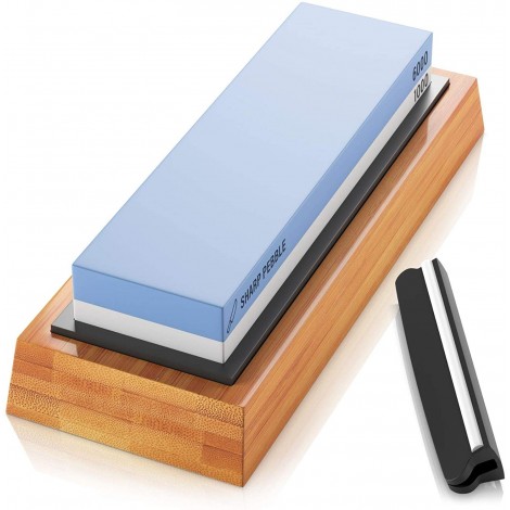 Sharp Pebble Premium Whetstone Knife Sharpening Stone 2 Side Grit 1000/6000 Waterstone- Whetstone Knife Sharpener- NonSlip Bamboo Base & Angle Guide