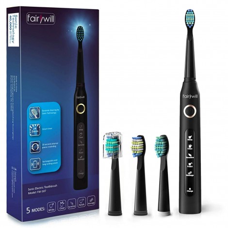 Fairywill Electric Toothbrush Powerful Sonic Cleaning - ADA Accepted Rechargeable Toothbrush with Timer, 5 Modes, 4 Brush Heads, 4 Hr Charge Last 30 Days Whitening Toothbrush for Adults and Kids Black