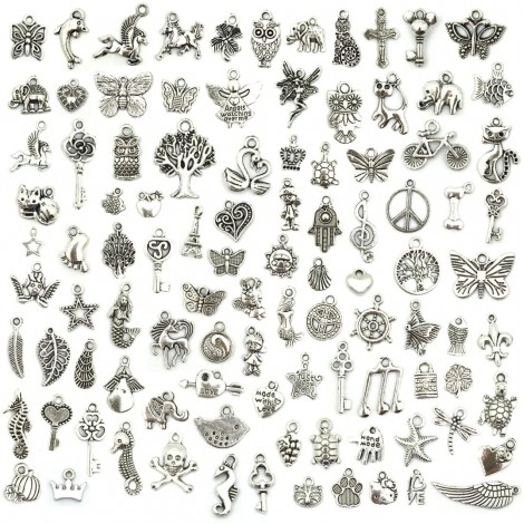 JIALEEY Wholesale Bulk Lots Jewelry Making Silver Charms Mixed Smooth Tibetan Silver Metal Charms Pendants DIY for Necklace Bracelet Jewelry Making and Crafting, 100 PCS