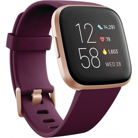 Fitbit Versa 2 Health and Fitness Smartwatch with Heart Rate, Music, Alexa Built-In, Sleep and Swim Tracking, Bordeaux/Copper Rose, One Size (S and L Bands Included)