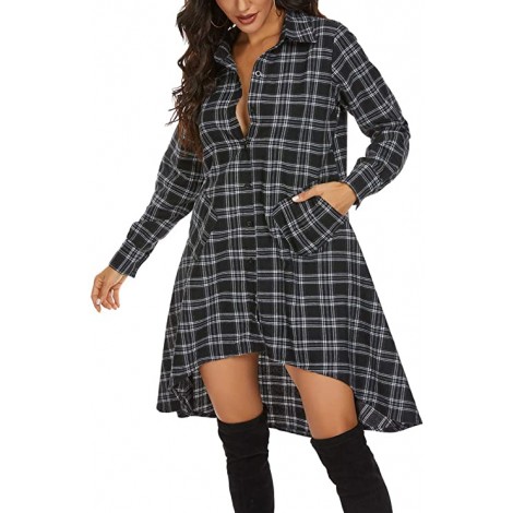 OLRAIN Womens New Plaids Irregular Hem Casual Shirt Dress