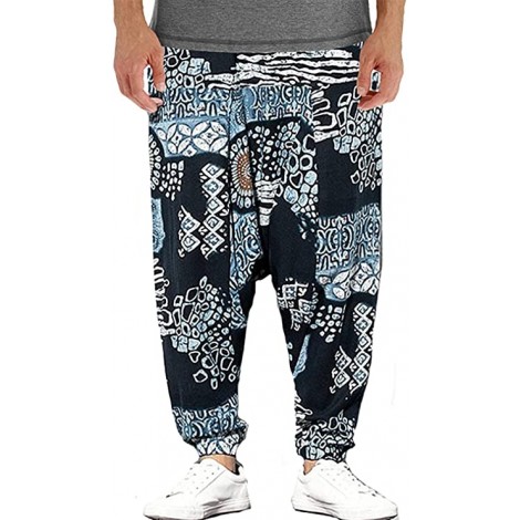 AITFINEISM Mens Cotton Baggy Hippie Boho Gypsy Aladdin Yoga Harem Pants